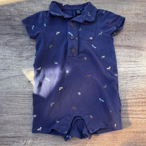 Janie and Jack Bug Romper Size 6-12M Navy Short Sleeve One Piece Spring Summer - Picture 3 of 10